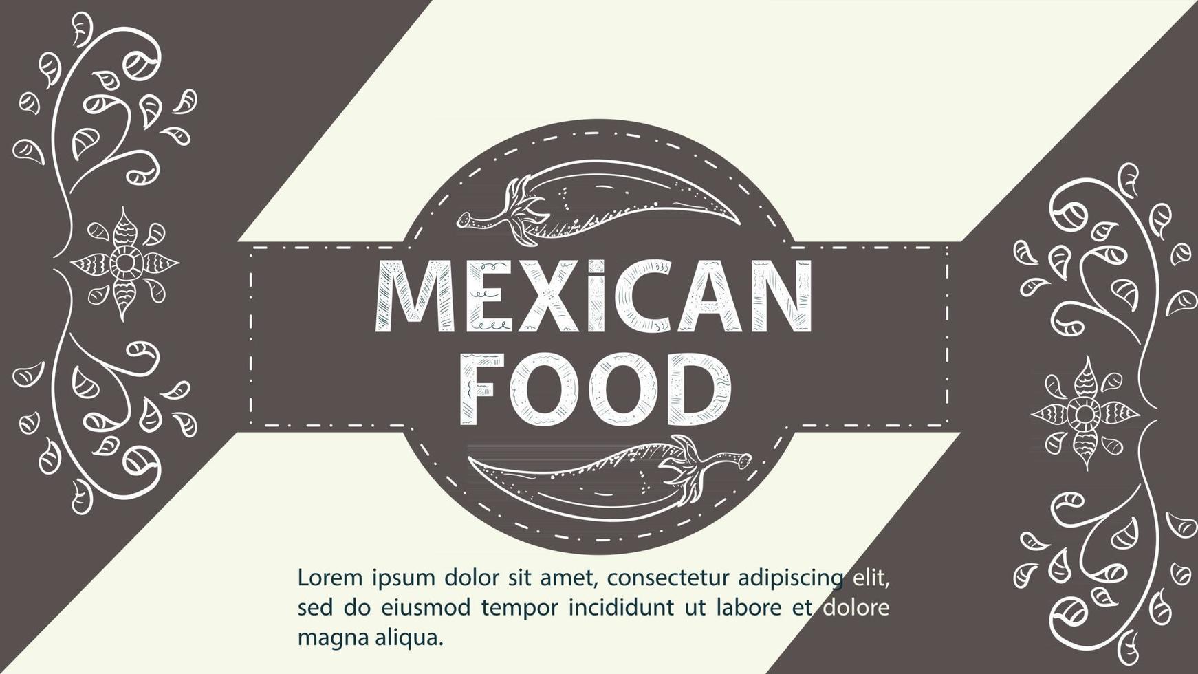 Illustration sketch for the design in the center of the circle the inscription Mexican food chili pepper floral ornament on a coffee background vector