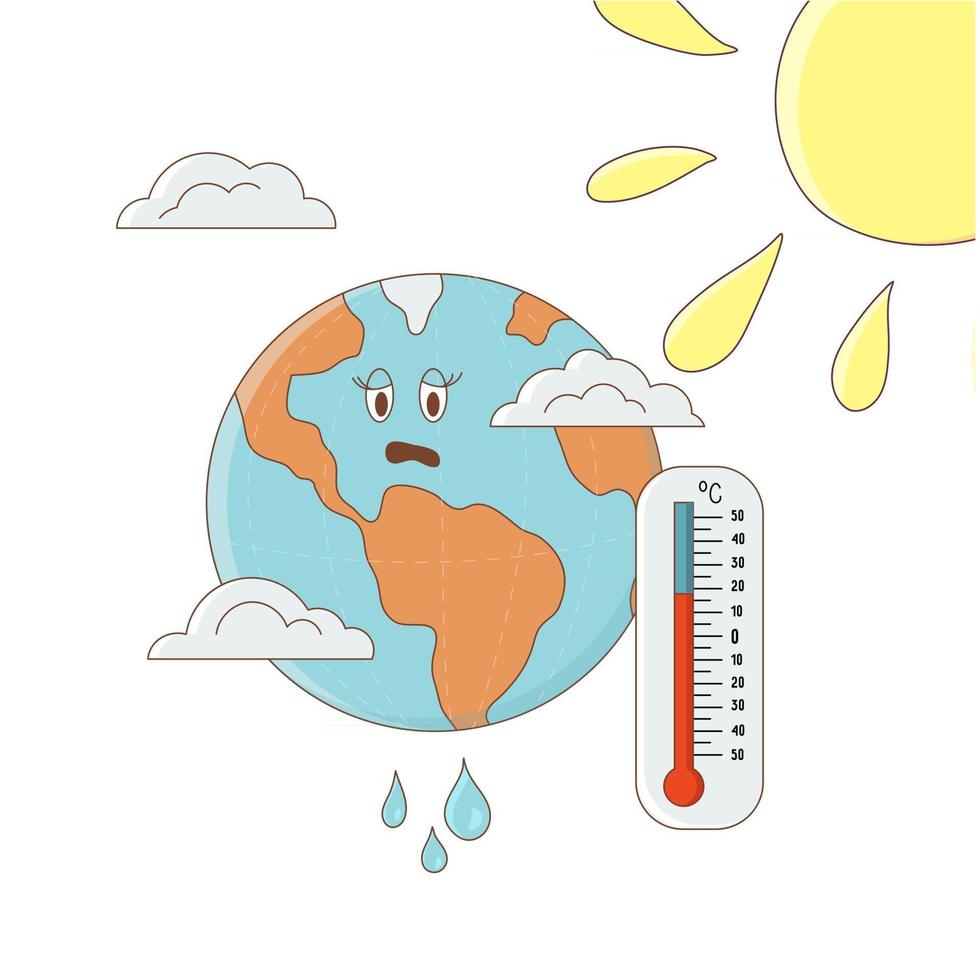 Global warming and climate change concept. The sun's rays are falling on the planet Earth, the thermometer shows a high air temperature. Vector illustration