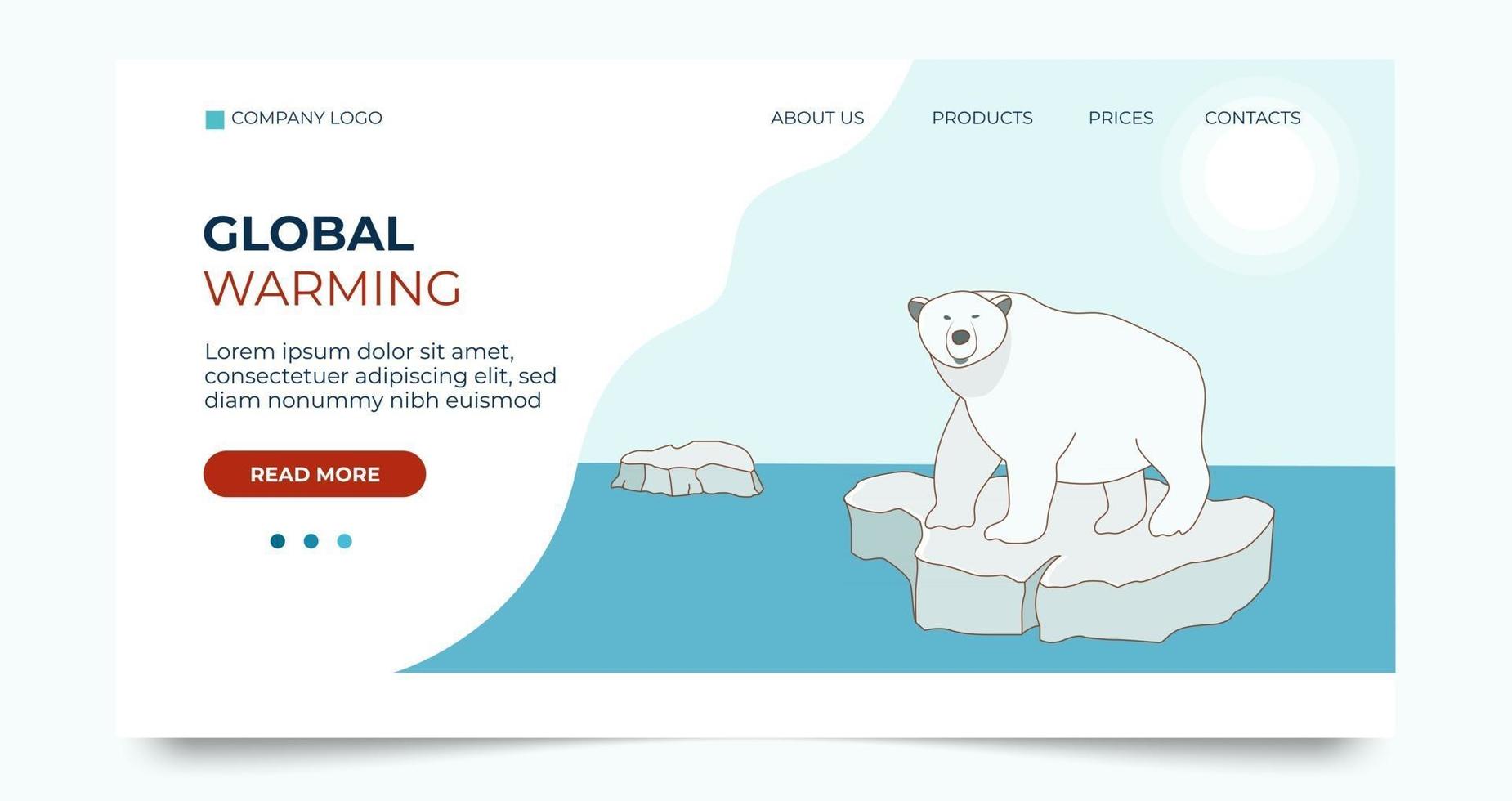 Landing page template about global warming and climate change. A polar bear swims on an ice floe in the Arctic. Vector illustration