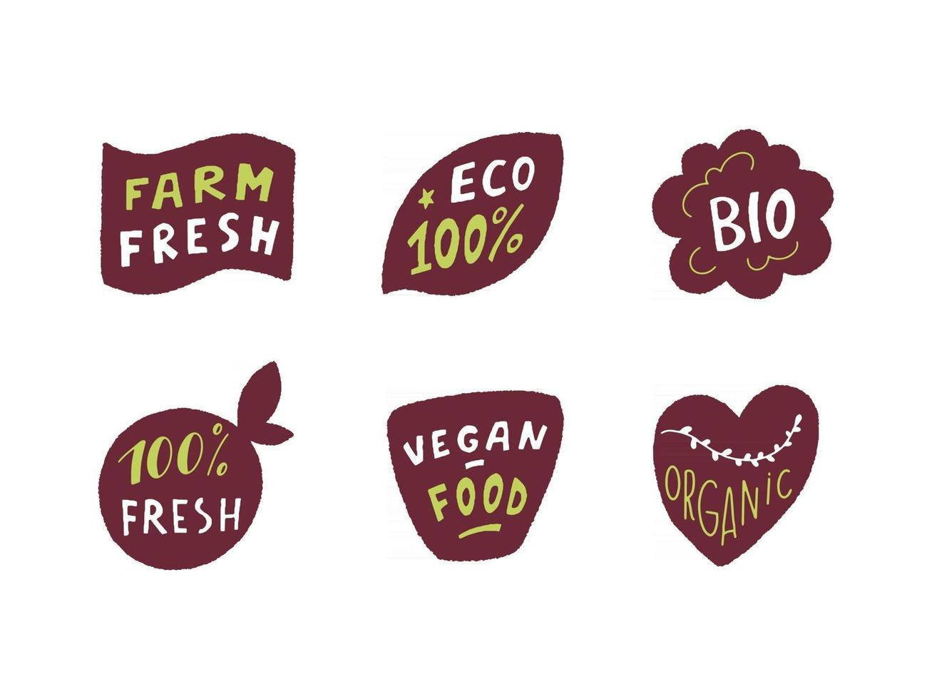 Eco badge set in handraw style. Organic logo. Vegan product labels, natural food and eco vegetables badges, fresh and healthy product stickers. Vector illustration