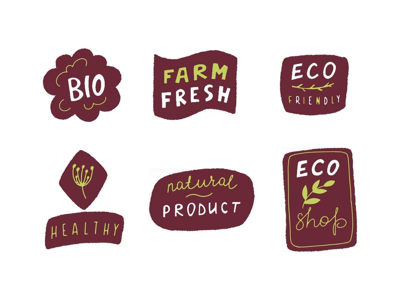 Eco badge set in handraw style. Organic logo. Vegan product labels, natural food and eco vegetables badges, fresh and healthy product stickers. Vector illustration