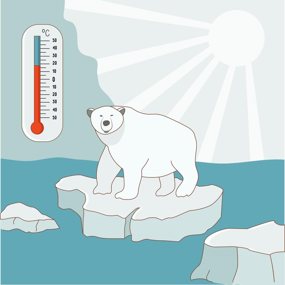 A polar bear stands on an ice floe in the Arctic. Global warming and climate change concept. The temperature meter shows a high temperature. Vector illustration