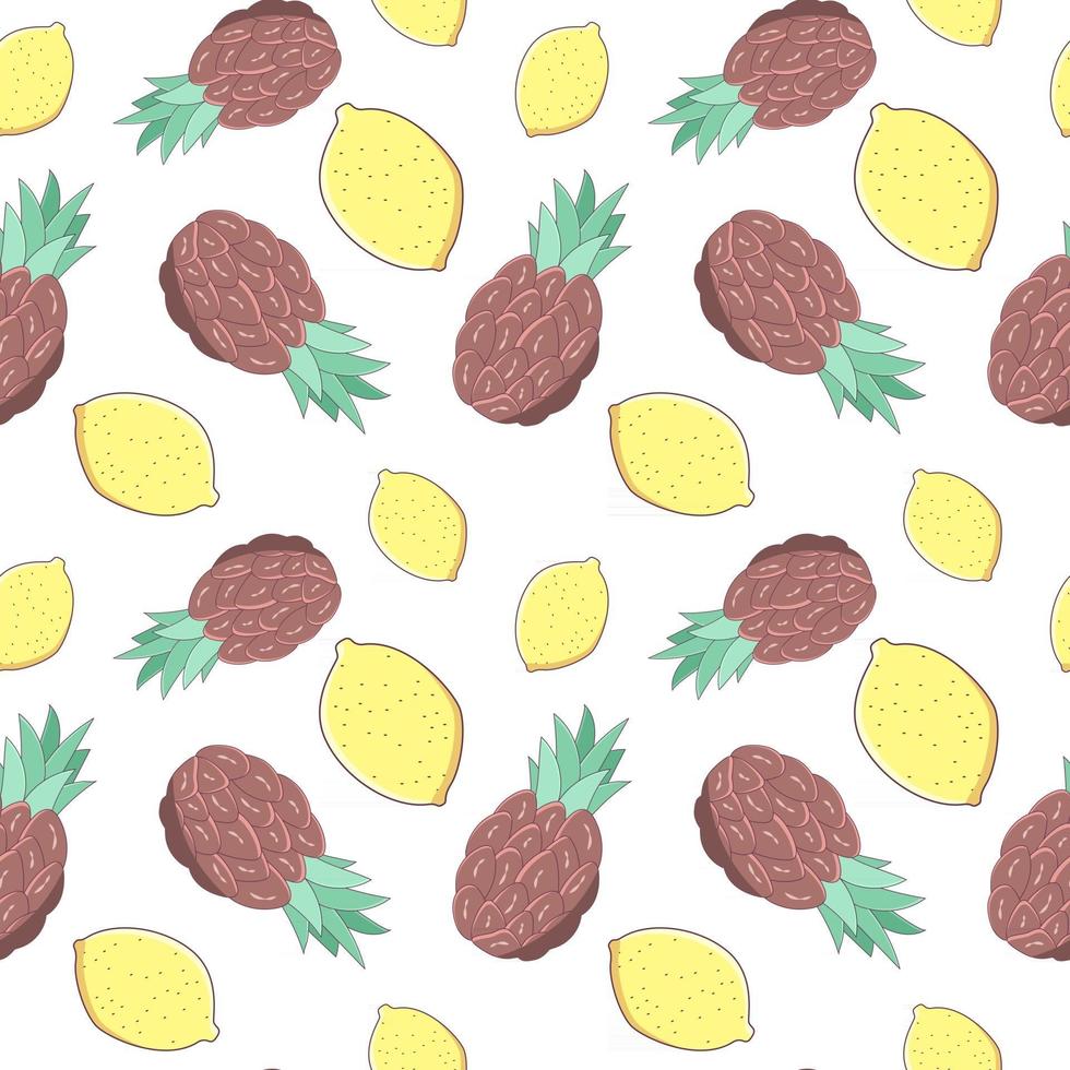 Seamless pattern with pineapples and lemons against white background. Vector endless texture in cartoon style with thin strokes. Exotic fruits