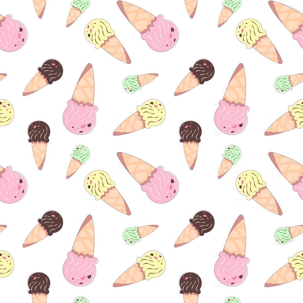 Seamless pattern with multicolored ice creams in waffle cones. Vector illustration on white background in cartoon style with stroke