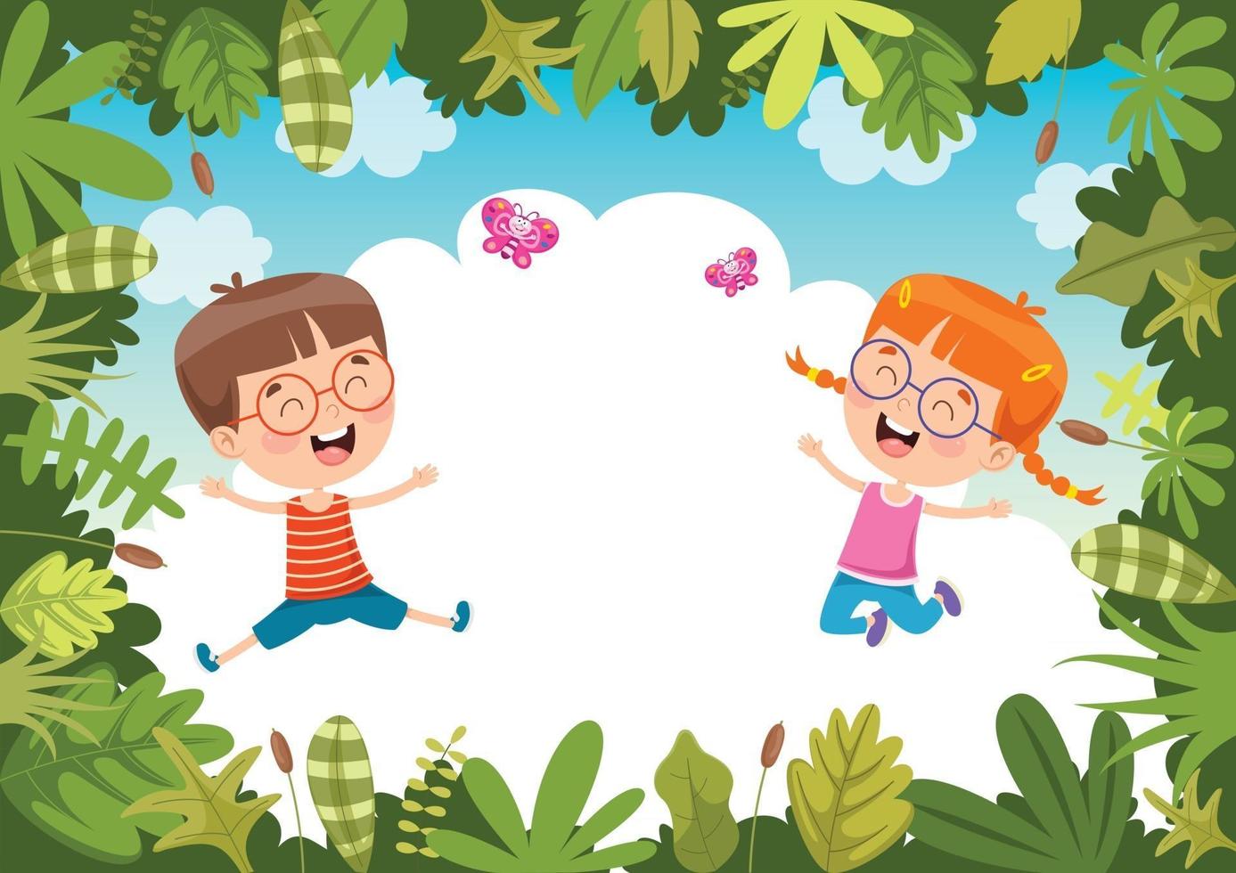 Happy Kids Swinging With Root Rope In Jungle vector