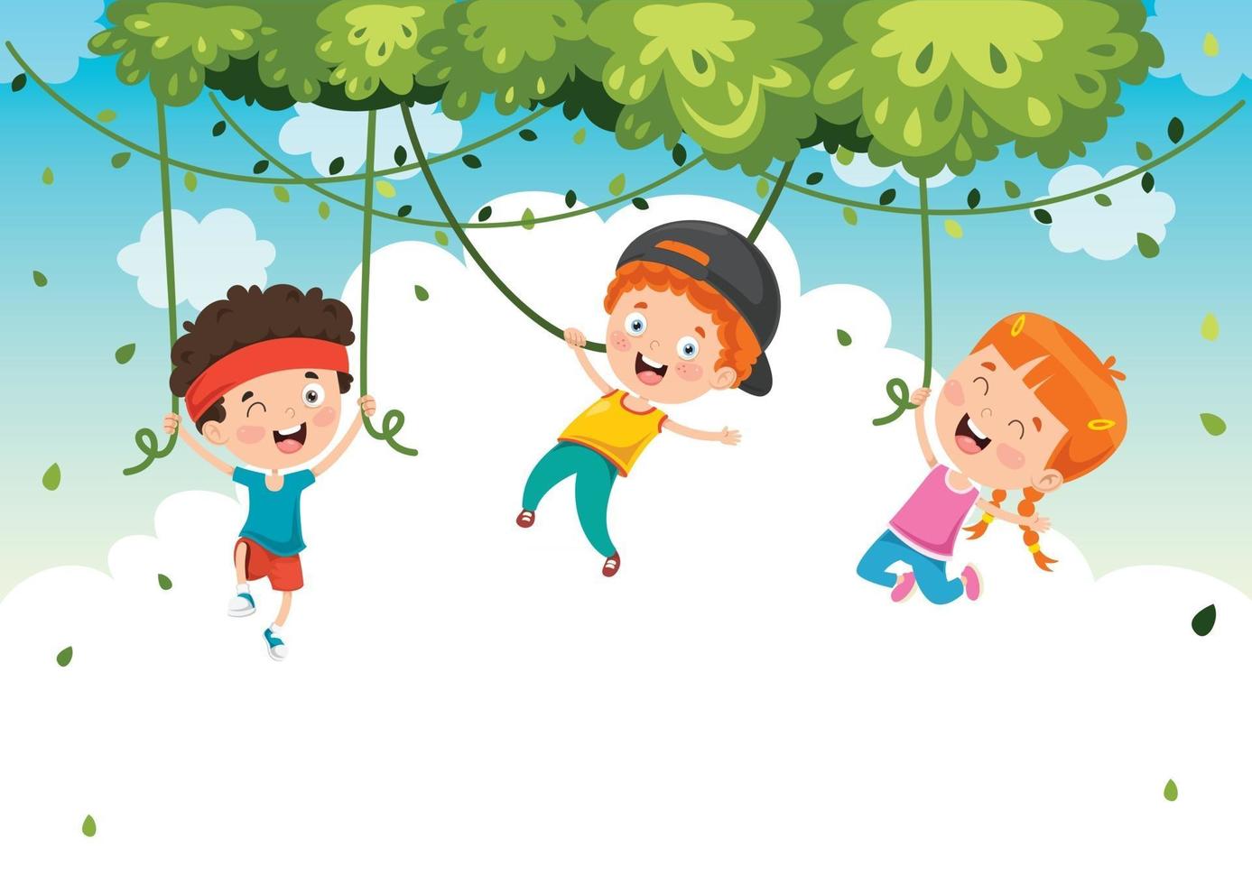 Happy Kids Swinging With Root Rope In Jungle vector