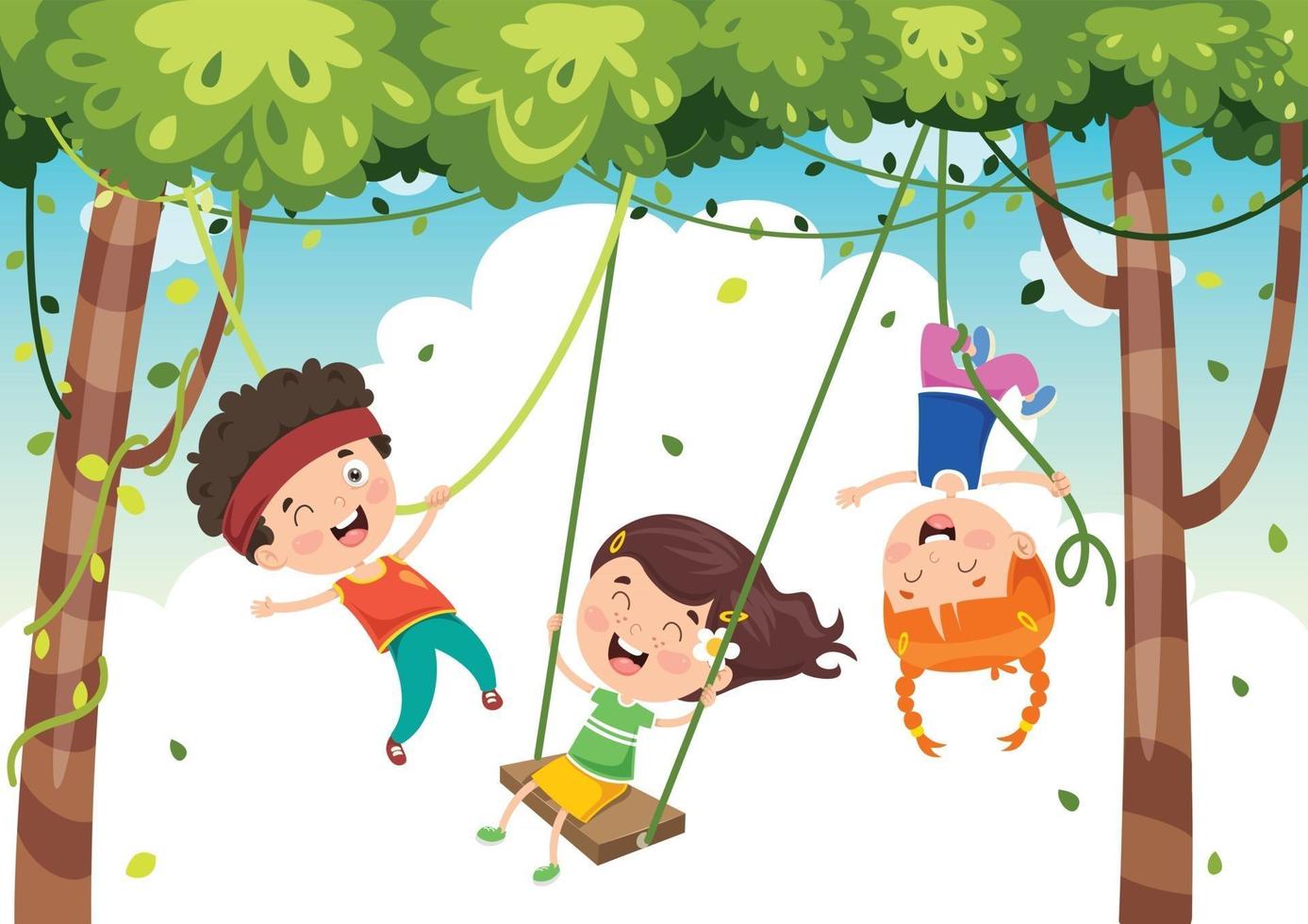 Happy Kids Swinging With Root Rope In Jungle vector