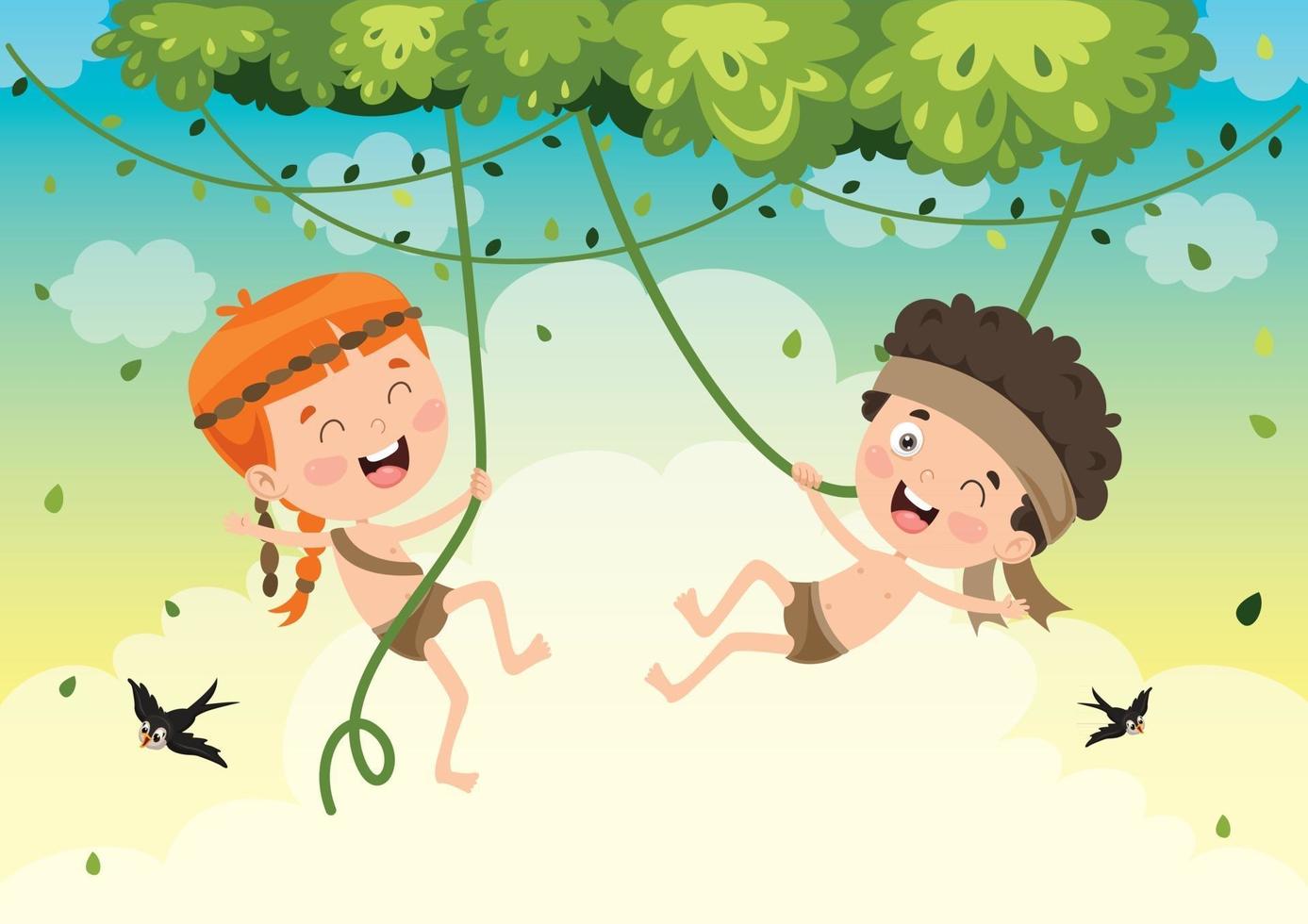 Happy Kids Swinging With Root Rope In Jungle vector