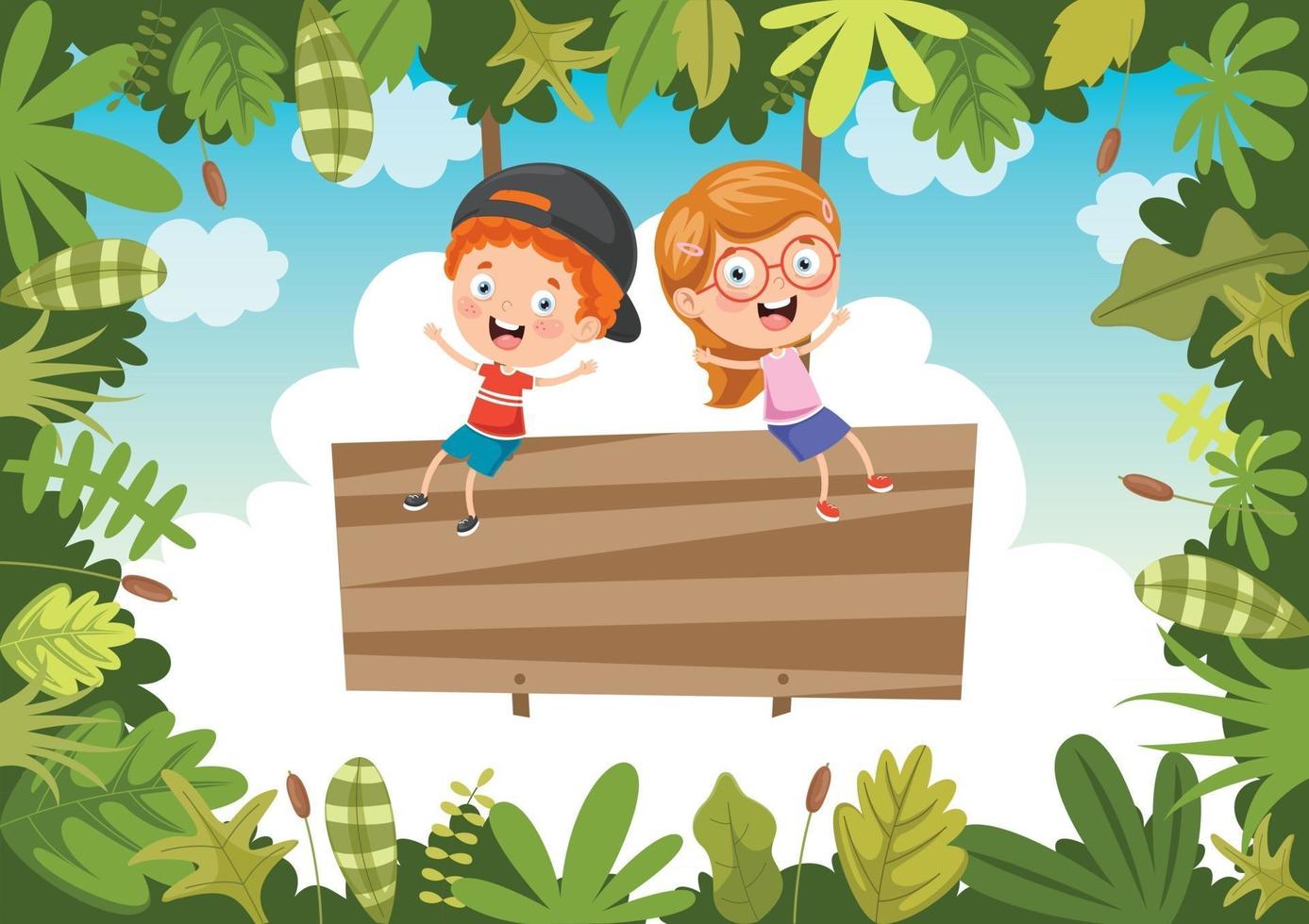 Happy Kids Swinging With Root Rope In Jungle vector