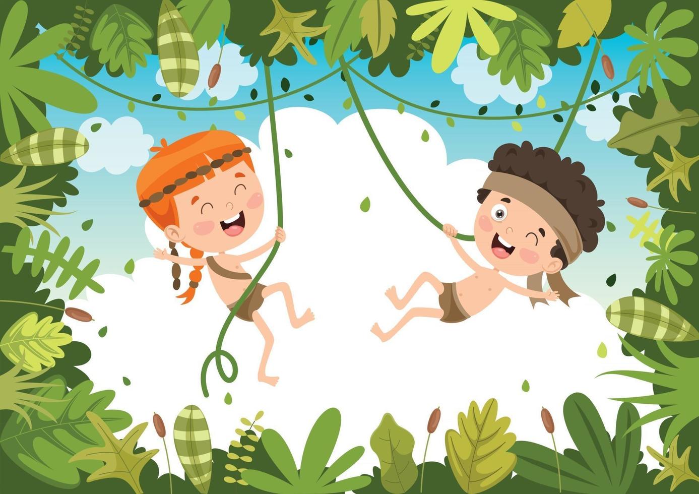 Niños felices balanceándose con cuerda de raíz en la selva vector