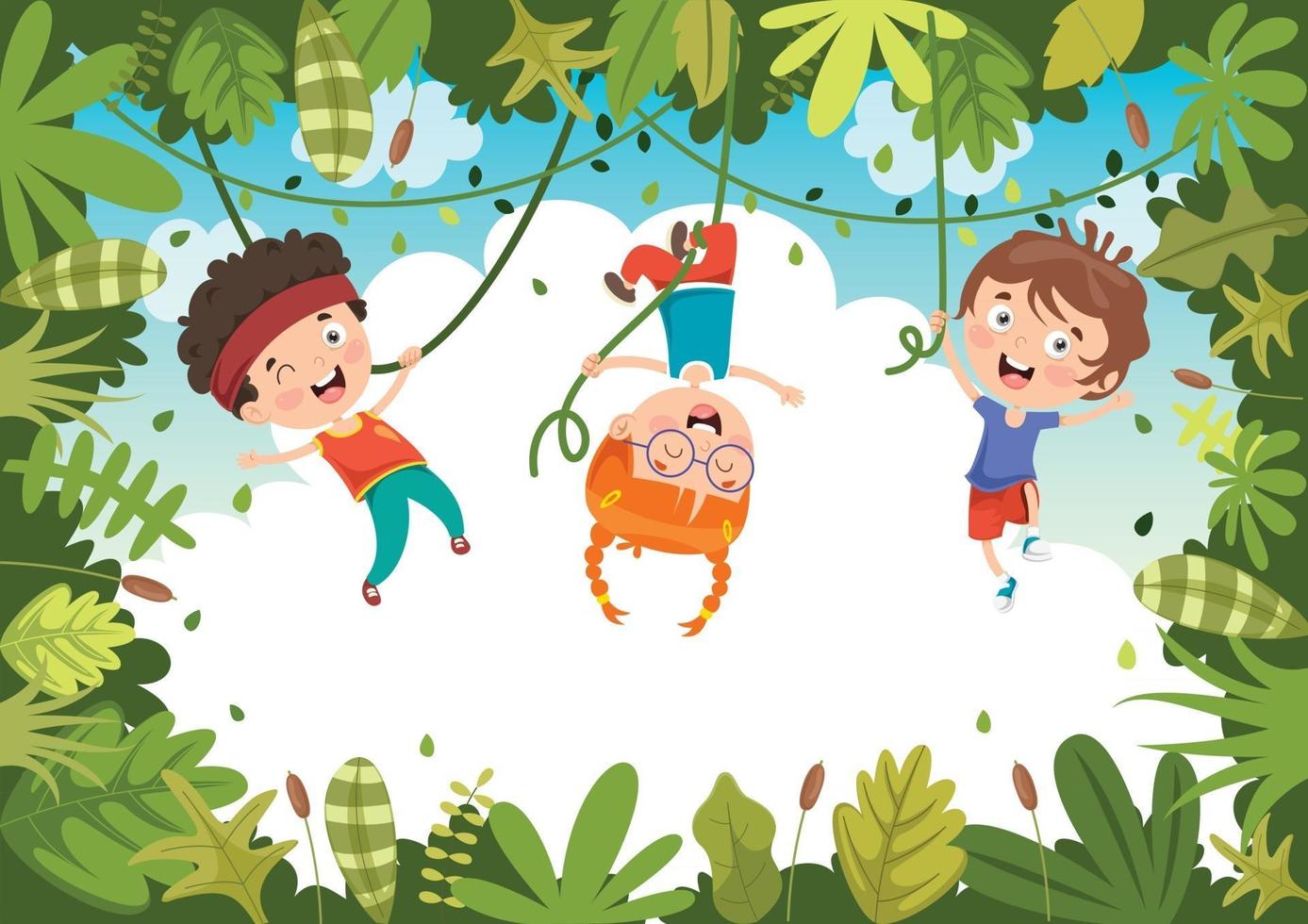 Happy Kids Swinging With Root Rope In Jungle vector