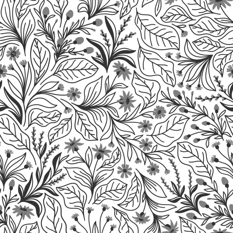 White seamless background with gray flowers and leaves vector