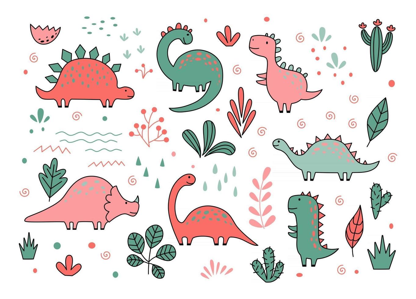 lindos dinosaurios y plantas tropicales en estilo esquemático. divertido juego de dinosaurios de dibujos animados dibujado a mano vector doodle conjunto para niños