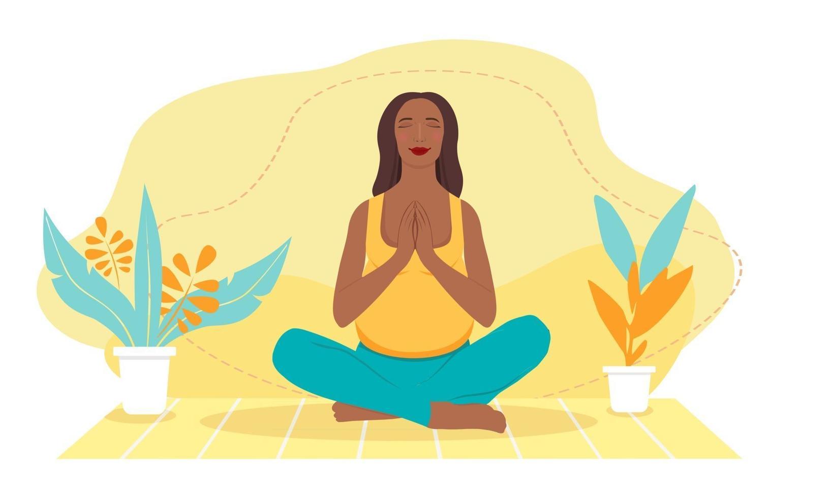 mujer embarazada de piel oscura meditando en casa. Ilustración del concepto de yoga prenatal, meditación, relajación, recreación, estilo de vida saludable. ilustración en estilo de dibujos animados plana. vector
