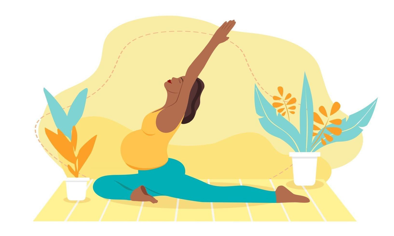 mujer embarazada de piel oscura meditando en casa. Ilustración del concepto de yoga prenatal, meditación, relajación, recreación, estilo de vida saludable. ilustración en estilo de dibujos animados plana. vector