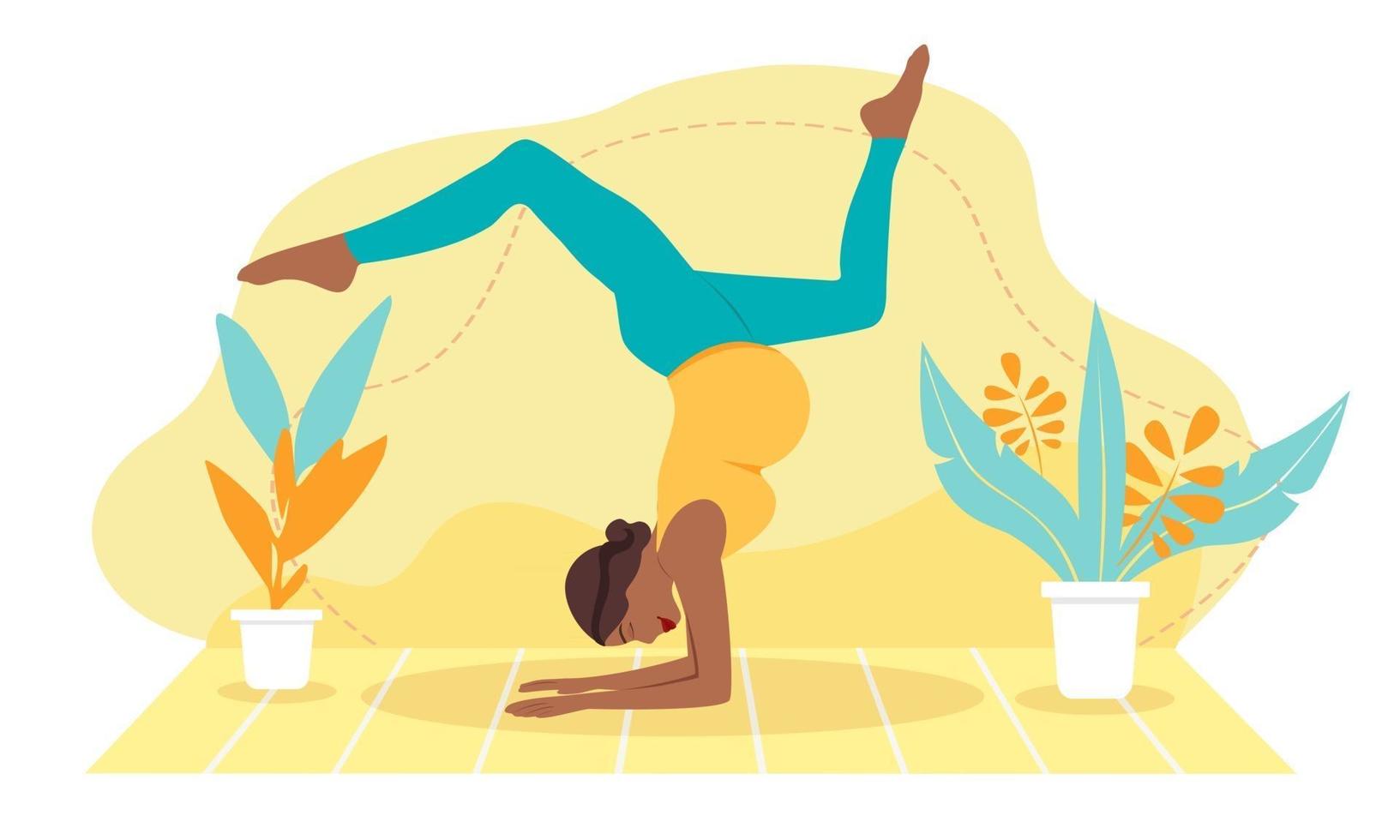 mujer embarazada de piel oscura meditando en casa. Ilustración del concepto de yoga prenatal, meditación, relajación, recreación, estilo de vida saludable. ilustración en estilo de dibujos animados plana. vector