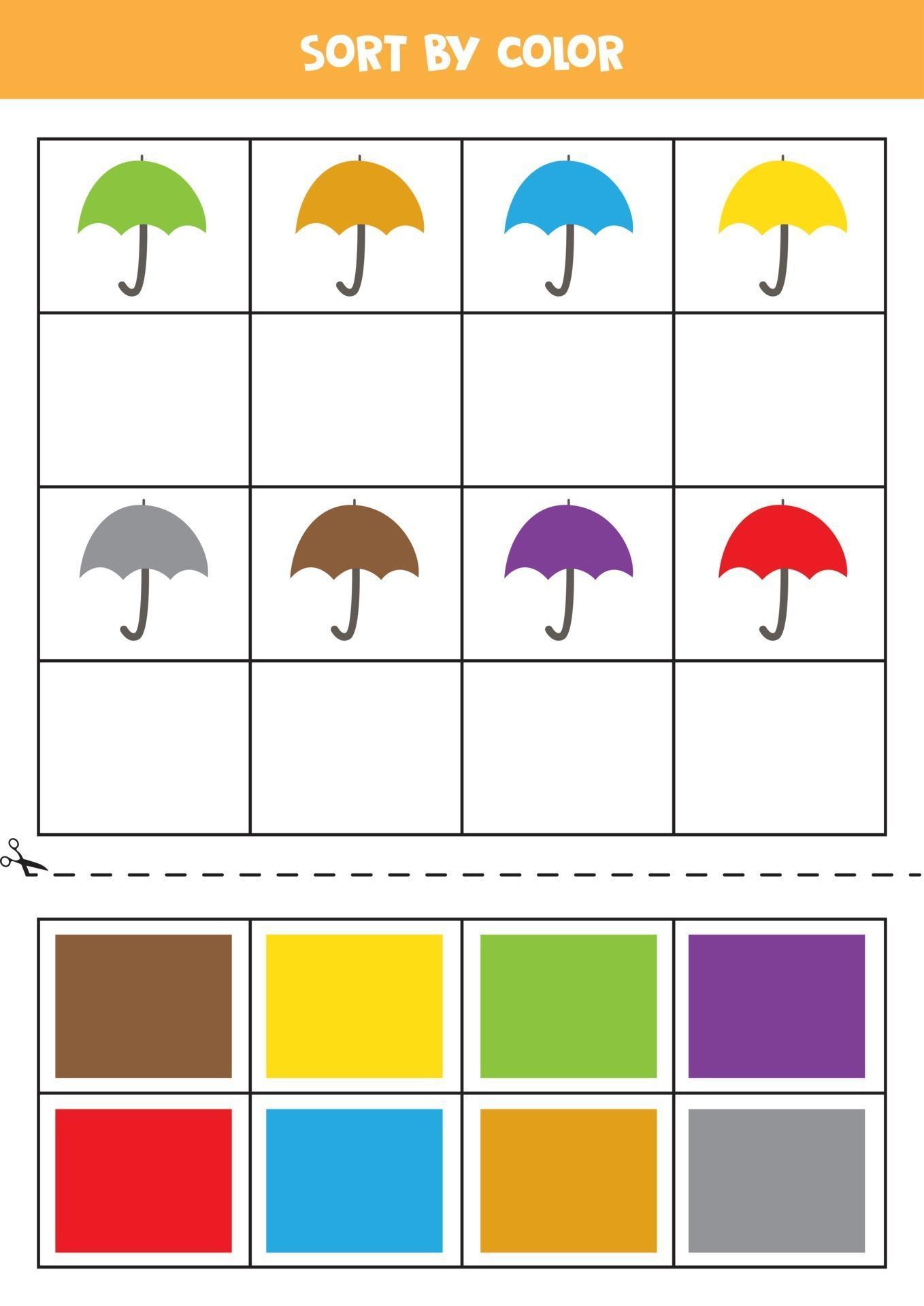 Sort pictures by color. Cute umbrellas. Game for kids. Cut and glue