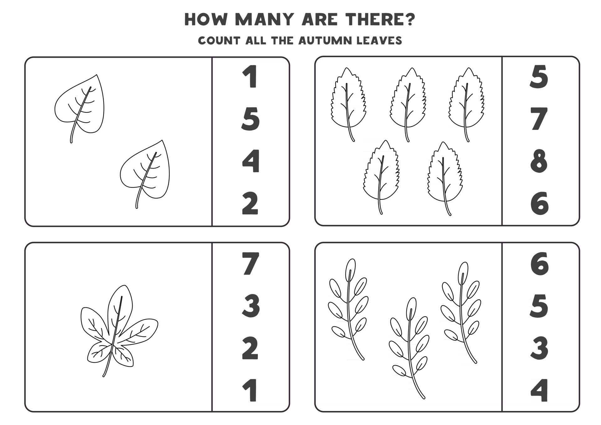 Counting game with black and white autumn leaves. Math worksheet