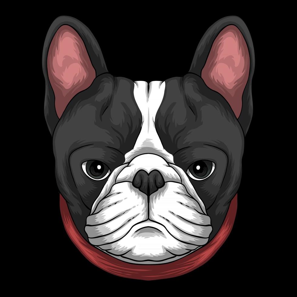 Cabeza de bulldog francés con una ilustración de vector de collar rojo