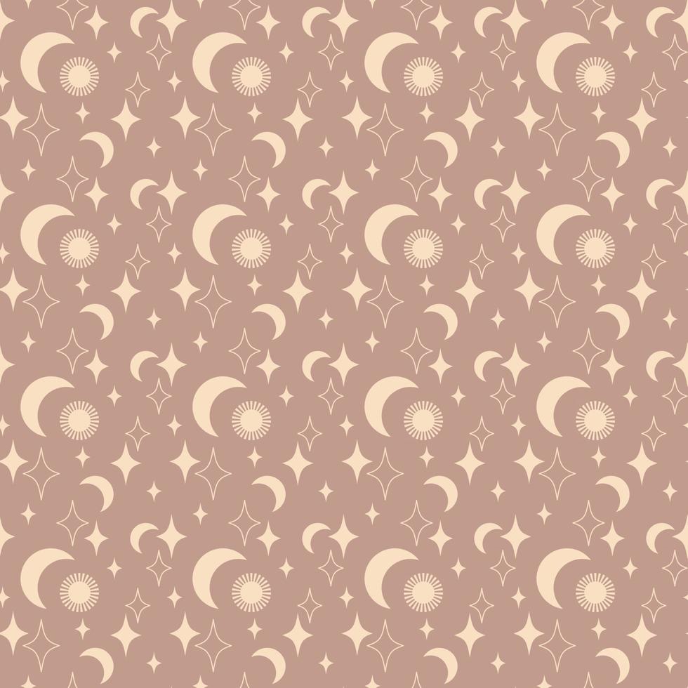 Magic vintage seamless pattern  boho with sun, moon, star isolated on beige background. Vector flat illustration. Bohemian design for wrapping, textile, wallpaper, backdrop, packaging