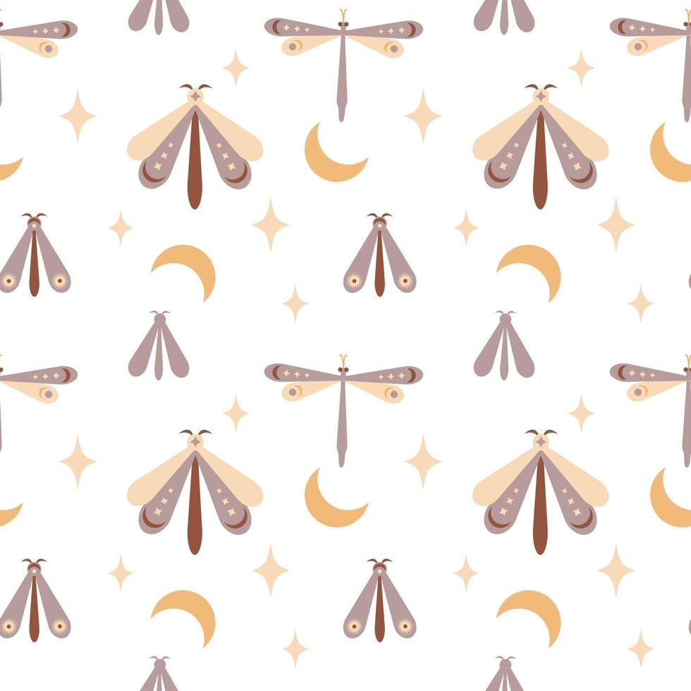 Magic seamless pattern  boho butterfly, moth, dragonfly with moon, star,eye isolated on white background. Vector flat illustration. Bohemian design  wrapping, textile, wallpaper, backdrop, packaging