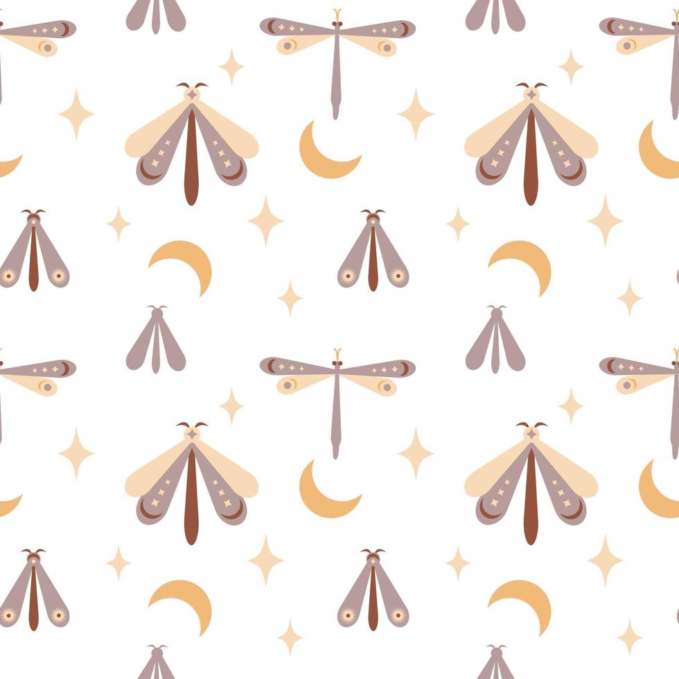 magia de patrones sin fisuras boho mariposa, polilla, libélula con luna, estrella, ojo aislado sobre fondo blanco. vector ilustración plana. envoltura de diseño bohemio, textil, papel pintado, telón de fondo, embalaje