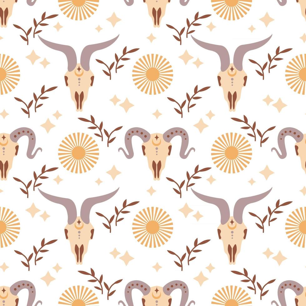 Magic vintage seamless pattern  boho ram skull with moon, star isolated on white background. Vector flat illustration. Bohemian design for wrapping, textile, wallpaper, backdrop, packaging
