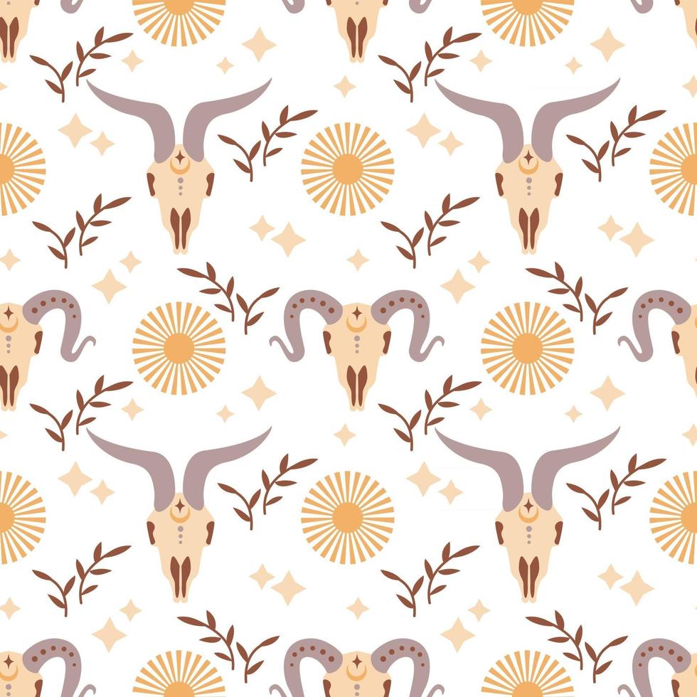 Magic vintage seamless pattern  boho ram skull with moon, star isolated on white background. Vector flat illustration. Bohemian design for wrapping, textile, wallpaper, backdrop, packaging