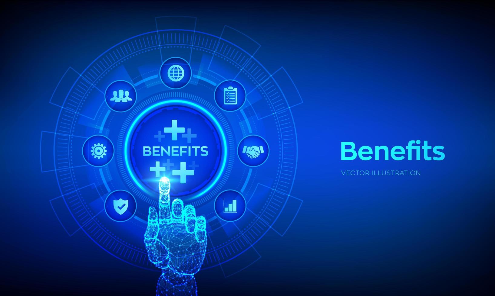 Employee benefits help to get the best human resources concept on virtual screen. Business for Profit, Benefit, health insurance. Robotic hand touching digital interface. vector