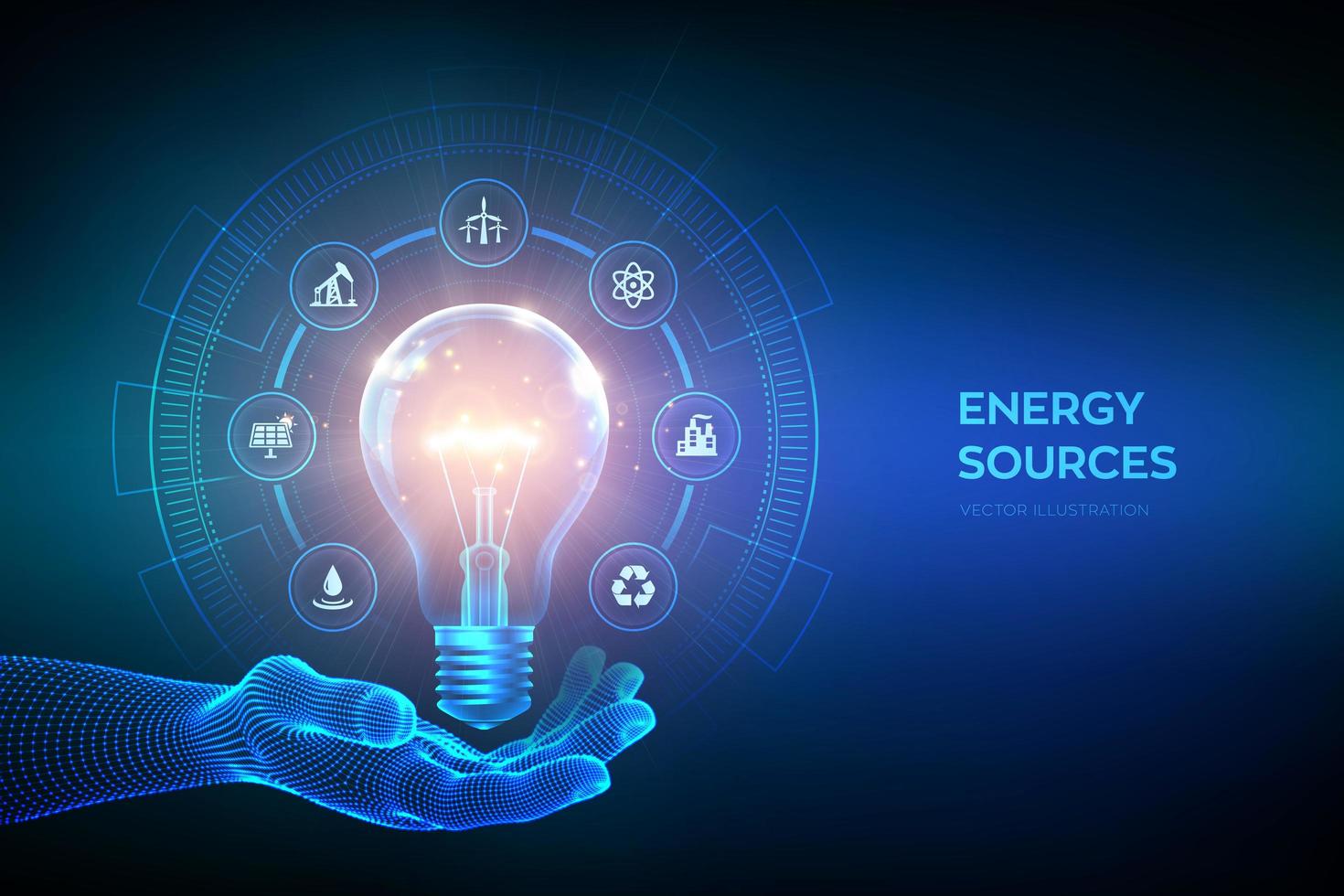 Glowing light bulb with energy resources icons in hand. Electricity and energy saving concept. Energy sources. Campaigning for ecological friendly and sustainable environment. vector