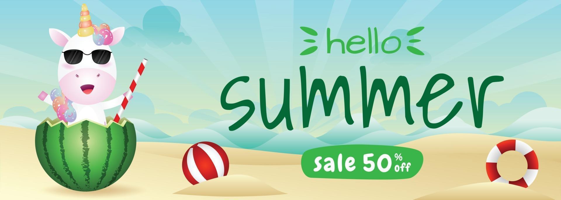 summer sale banner with a cute unicorn in the watermelon vector