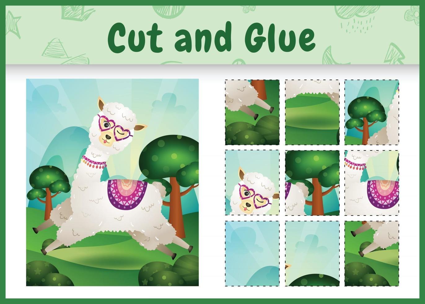 Children board game cut and glue with a cute alpaca vector