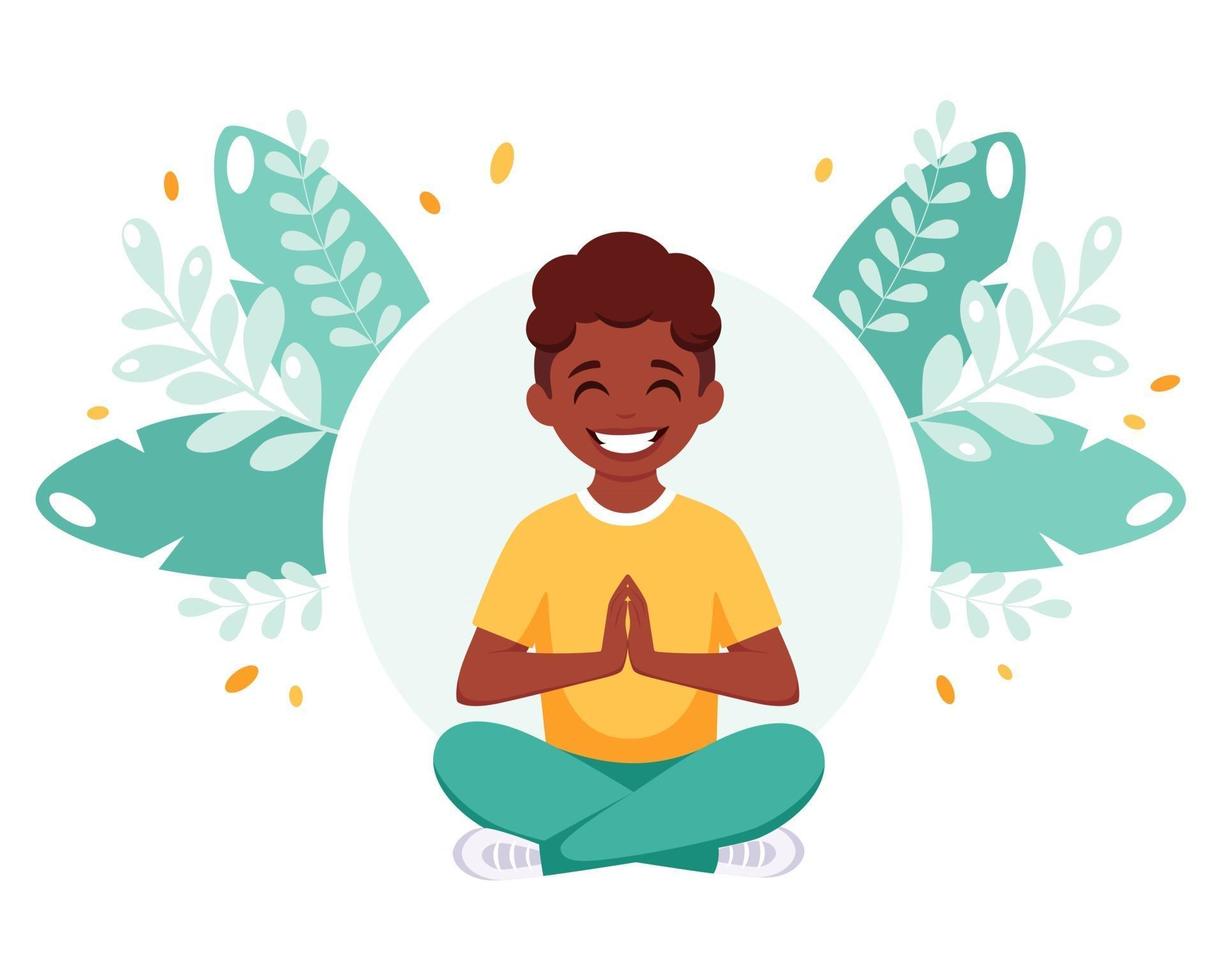 African american boy meditating in lotus pose. Gymnastic, yoga and meditation for children. vector