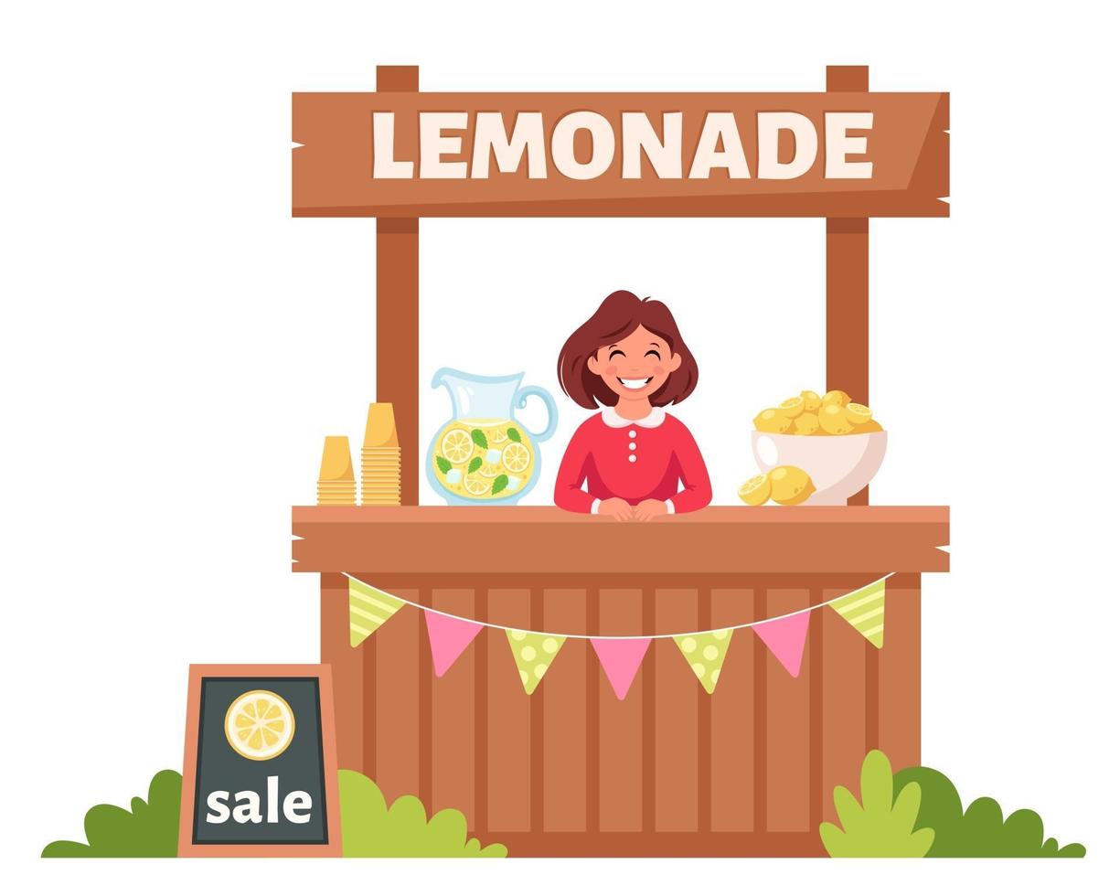 Little girl selling cold lemonade in lemonade stand. Summer cold drink. vector