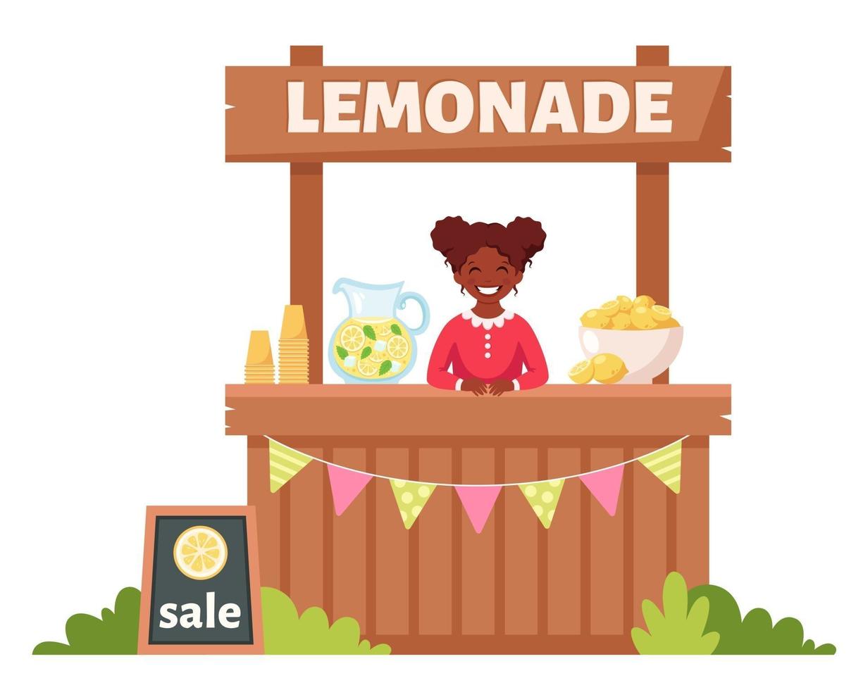 African american girl selling cold lemonade in lemonade stand. Summer cold drink. vector