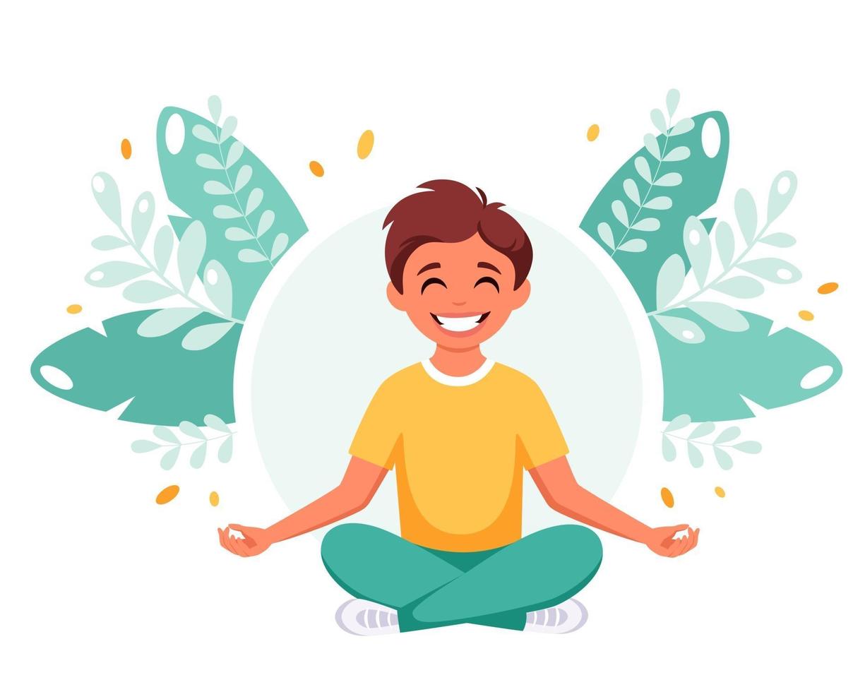 Little boy meditating in lotus pose. Gymnastic, meditation for children. vector