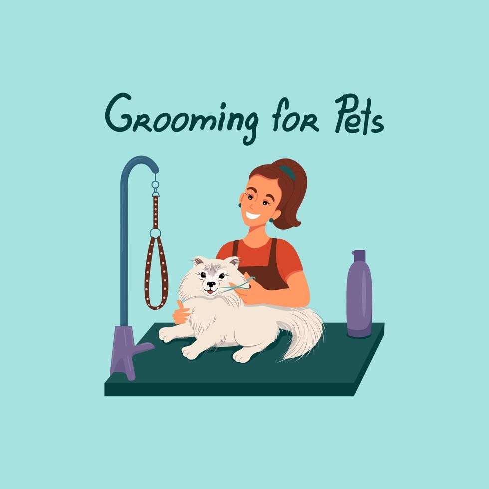 Grooming for pets, girl shears a dog, vector illustration in flat style, cartoon