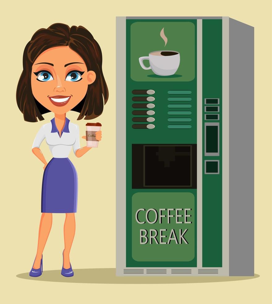 Business woman standing with cup of coffee close to coffee vending machine vector