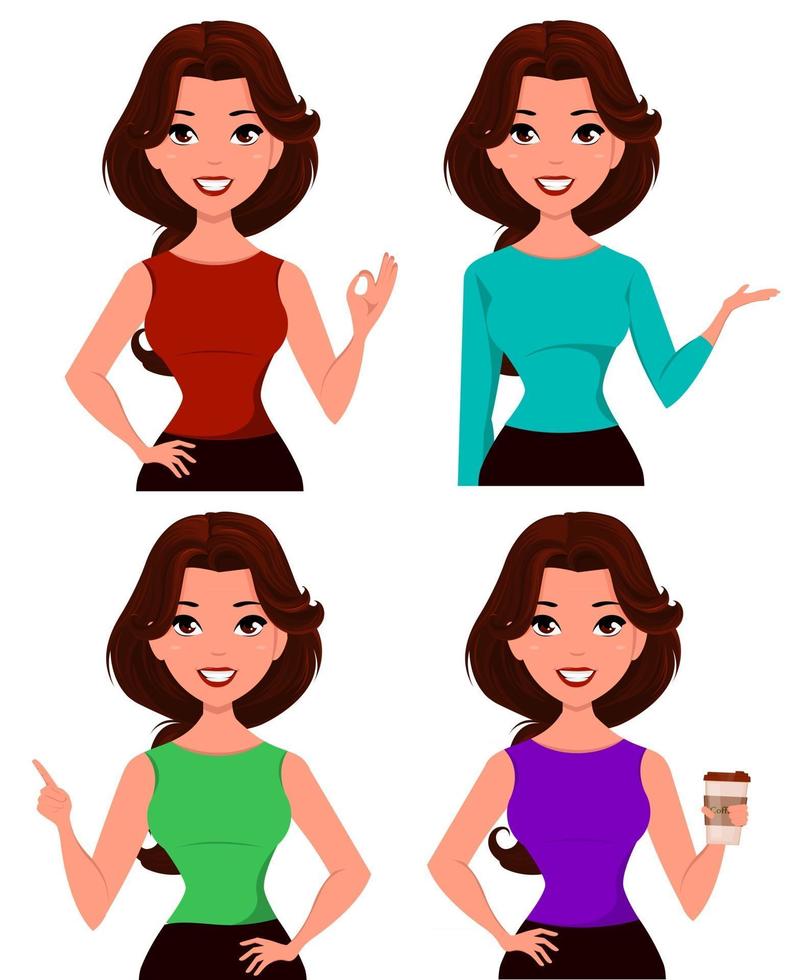Joven empresaria de dibujos animados vestida con ropa de oficina mostrando diferentes gestos vector