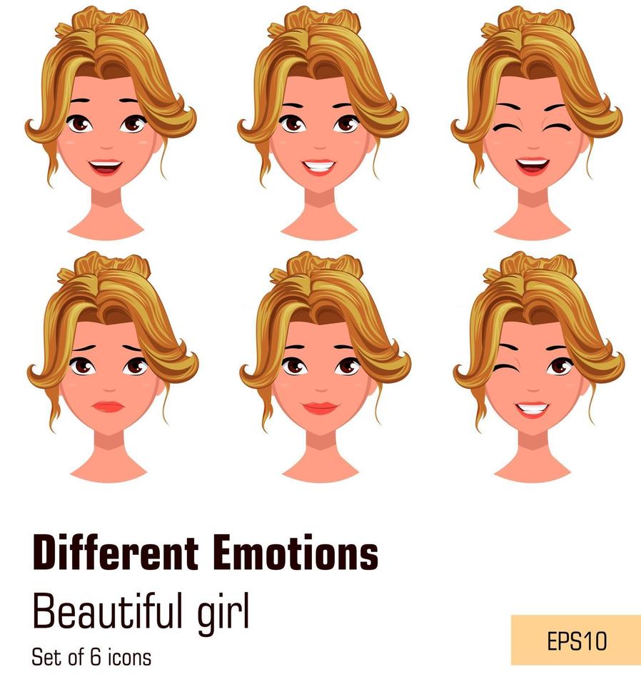 mujer con diferentes expresiones faciales. jovencita rubia atractiva con diversas emociones vector