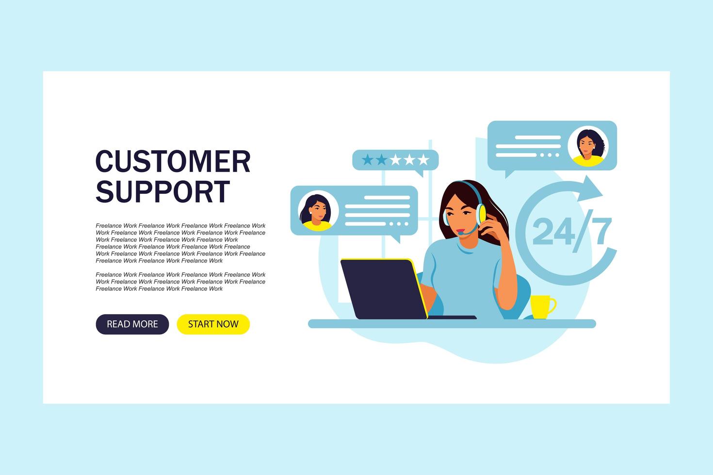 Customer support concept. Woman hotline operator advises clients. Online technical support. Landing page template. Vector illustration. Flat.