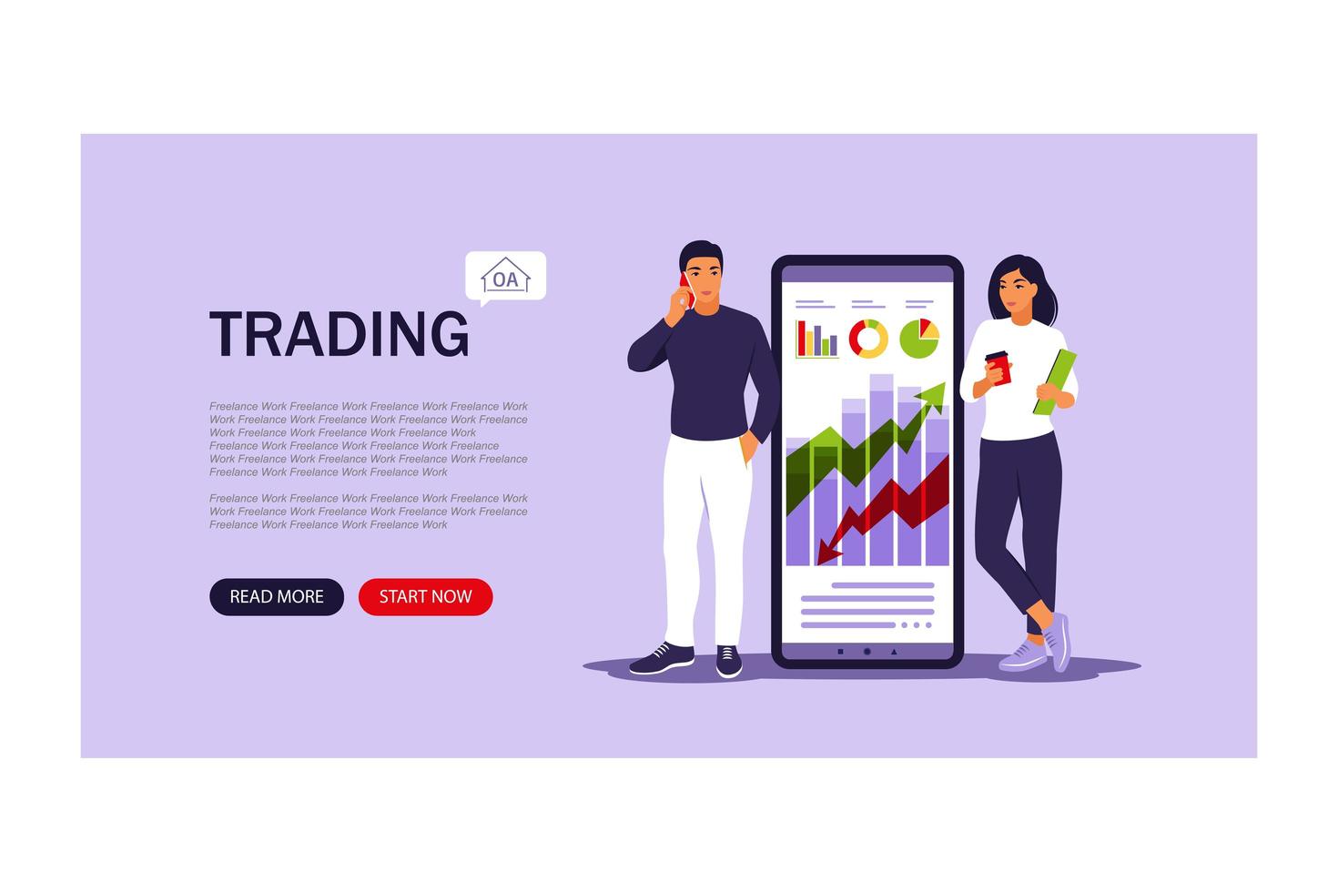 Stock market trading landing page template. Business literacy, e-trading, data analysis. Vector illustration. Flat