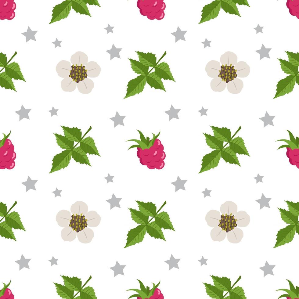 Seamless pattern with raspberries, flowers and leaves. Cute print of summer or spring berries with stars. Cute holiday decoration for textiles, wrapping paper and design. Vector flat illustration