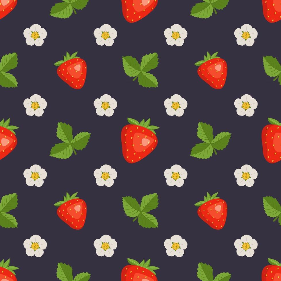 Seamless pattern with strawberries, flowers and leaves. Cute summer or spring berry print on a dark background. Festive decoration for textiles, wrapping paper and designs. Vector flat illustration