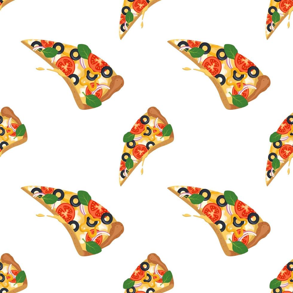 patrón transparente brillante con rebanadas de pizza. impresión de comida rápida con verduras y queso. diseño para textil, papel, cafetería y restaurante. vector