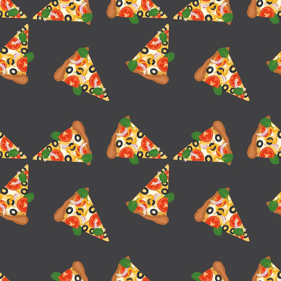 patrón transparente brillante con rebanadas de pizza. impresión de comida rápida con verduras y queso. diseño para textil, papel, cafetería y restaurante. vector