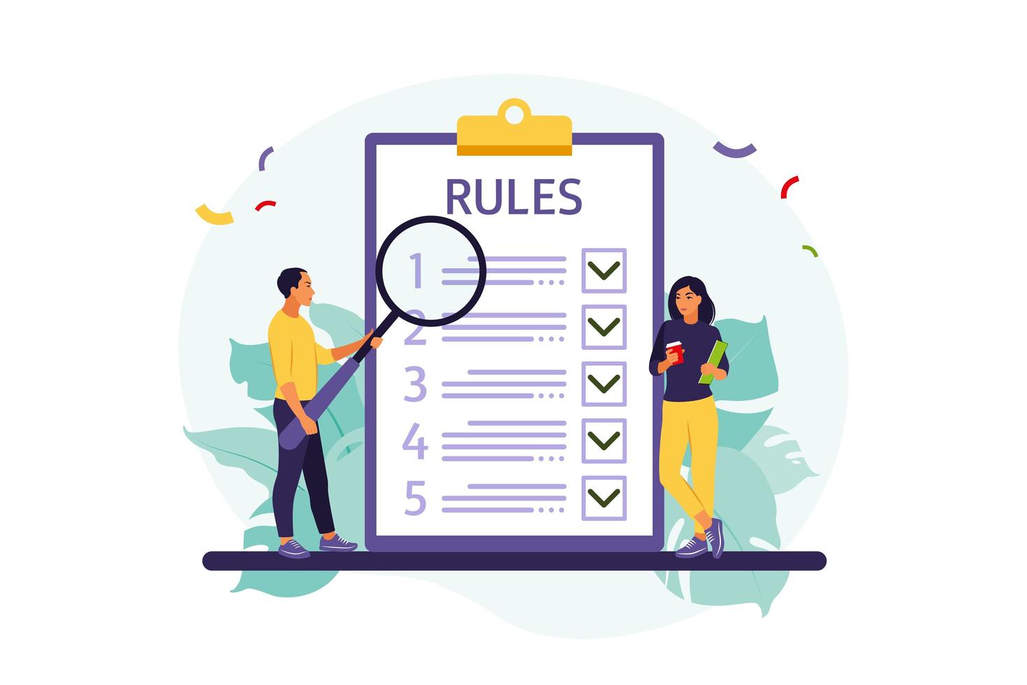 People studying list of rules, making checklist, reading guidance. Vector  illustration. Flat style 2816651 Vector Art at Vecteezy