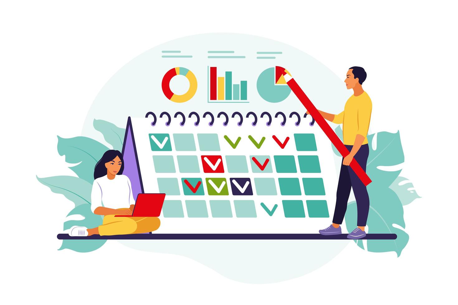 Timing and project scheduling. Concept of time management, work planning method, organization of daily goals and accomplishments. Vector illustration. Isolated flat.