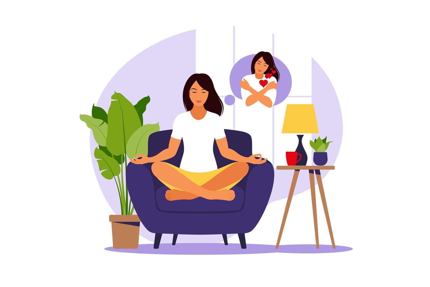 amor propio, meditación, concepto de yoga. relax, recreación, estilo de vida saludable. mujer en postura de loto. ilustración vectorial. vector