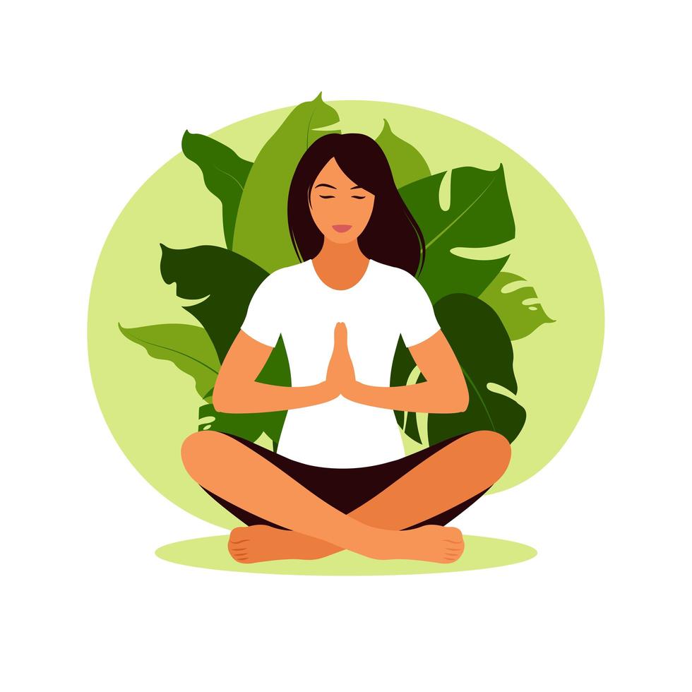 mujer meditando en la naturaleza. concepto de meditación, relajación, recreación, estilo de vida saludable, yoga. mujer en postura de loto. ilustración vectorial. vector